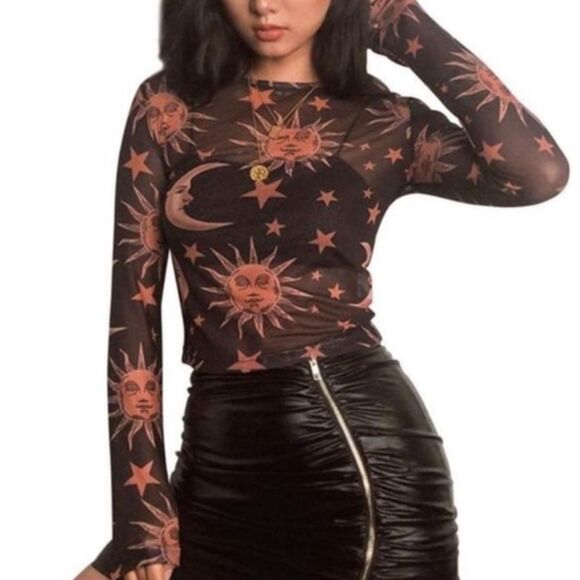 Black Long Sleeve Sheer Celestial Mesh Top NEW - Picture 4 of 4